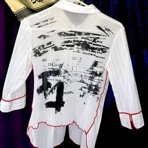 cop copine pinstripe white “button up” thats actually zip-up, mesh back panel